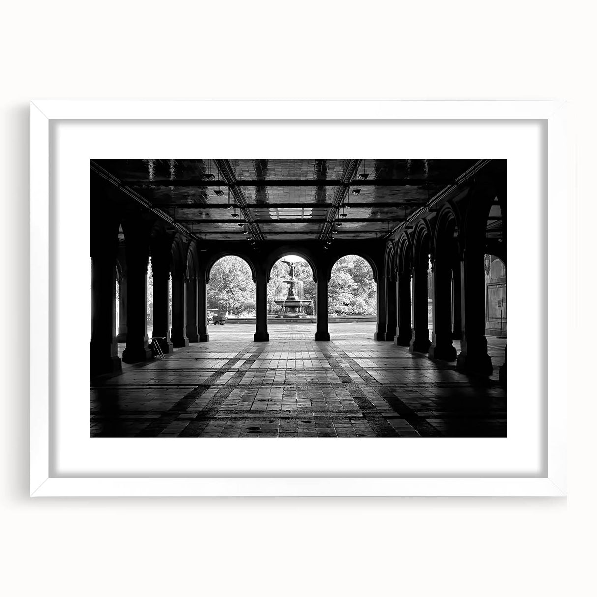 Abstract art print of Central Park in muted green and brown tones on a framed poster, suitable for dining room decor.