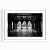 Abstract art print of Central Park in muted green and brown tones on a framed poster, suitable for dining room decor.