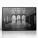 Large abstract wall art of Central Park with muted green and brown tones, framed in black acrylic.