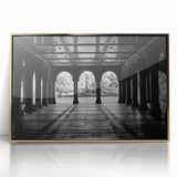 Large art print of Central Park with muted green and gold tones in a mid-century modernist style, framed in acrylic.