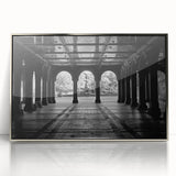 Mid-century modernist art depicting Central Park in muted green and gray tones on a silver-framed acrylic print.