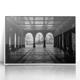 Acrylic print of Central Park in muted green and brown tones, framed in white, suitable for modern art wall decor or nursery.
