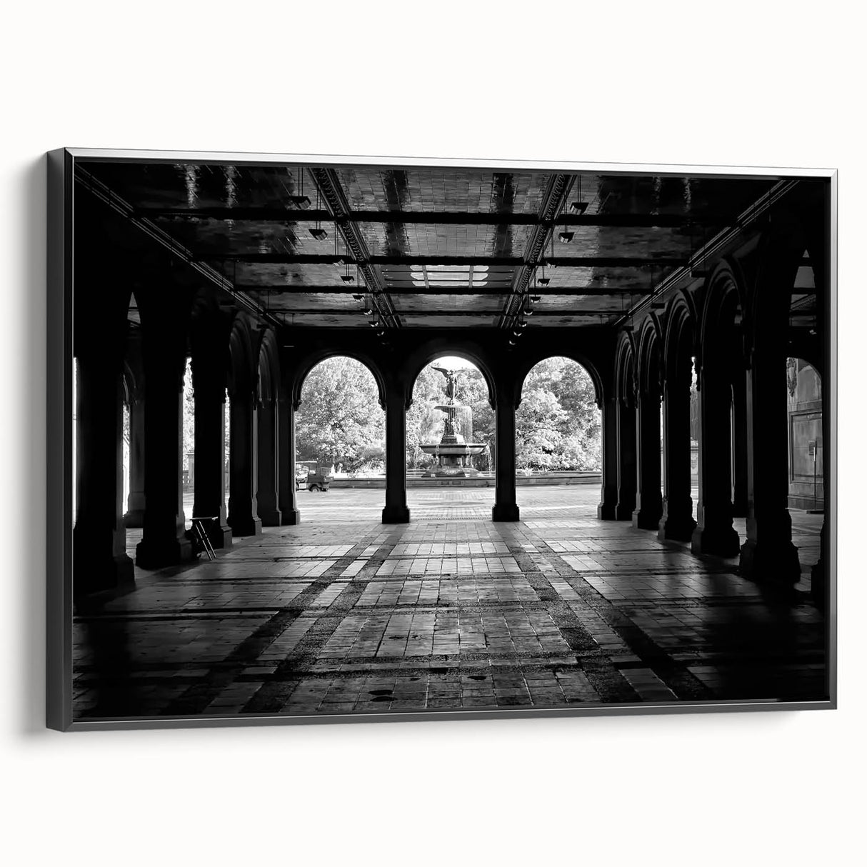 Black and white framed canvas of Central Park landscape, ideal for bedroom wall decor.