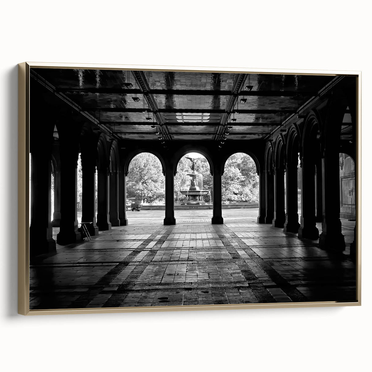 Framed canvas wall art depicting Central Park with muted green and gold tones, ideal for bedroom decor.