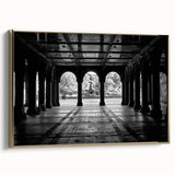 Framed canvas wall art depicting Central Park with muted green and gold tones, ideal for bedroom decor.