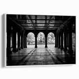 Vintage poster art of Central Park in autumn, featuring colorful foliage on a framed canvas.