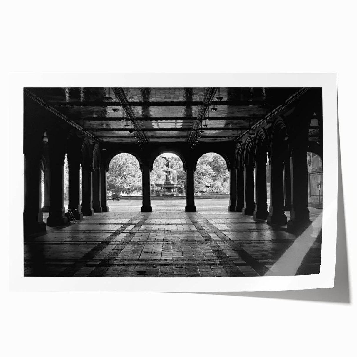 Rolled print of Central Park with lush greenery and a cityscape backdrop, in soft earth tones.