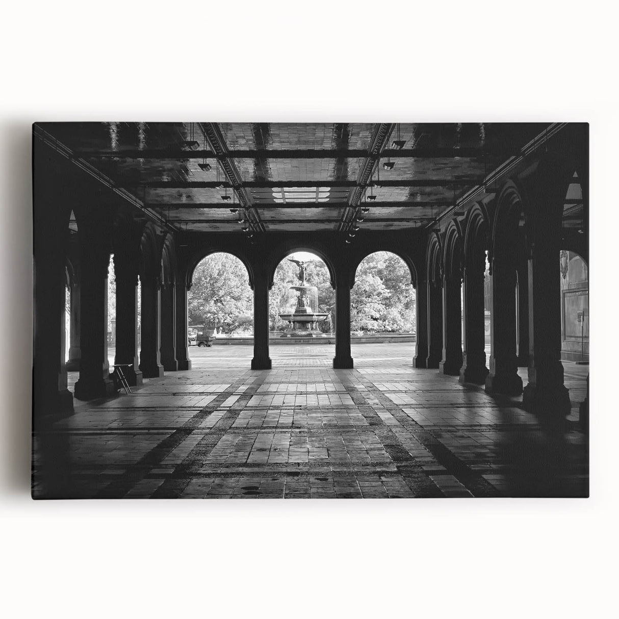Black and white stretched canvas of Central Park, New York, ideal for kitchen wall art.