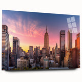 Side view of a large abstract art print of the Chrysler Building on acrylic glass, in grayscale.