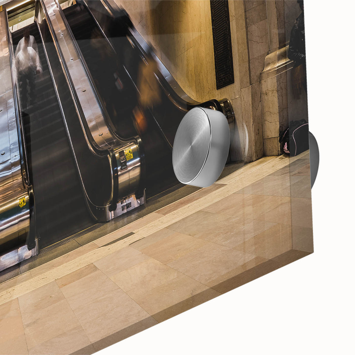 Large abstract depiction of NYC's Grand Central in muted tones on an acrylic glass, ideal for dining room art.
