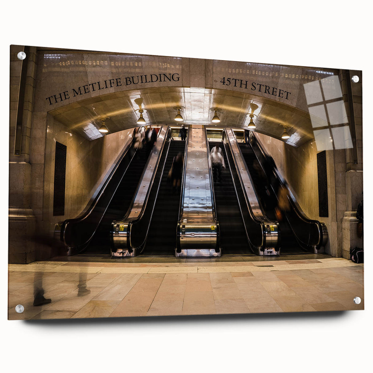 Acrylic print of a large abstract depiction of NYC's Grand Central, in muted gray and blue tones.