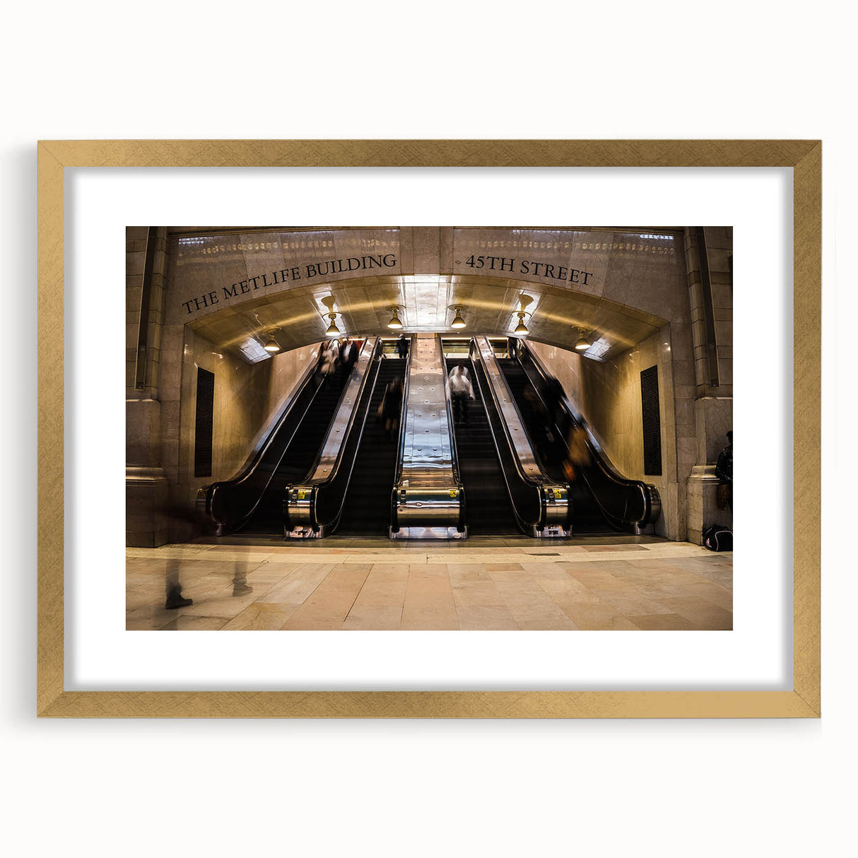 Extra large abstract art print of NYC's Grand Central in textured gold frame, ideal for living room decor.