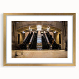 Extra large abstract art print of NYC's Grand Central in textured gold frame, ideal for living room decor.