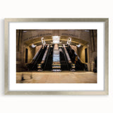 Textured abstract art print depicting New York City's Grand Central, in muted gray and silver, framed with mat.