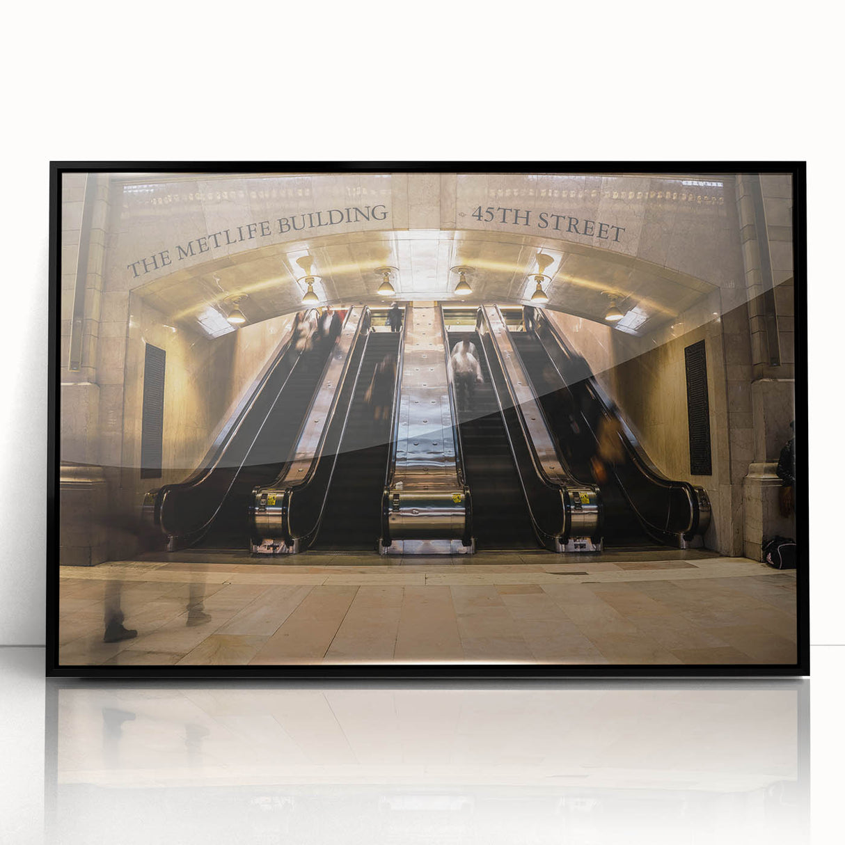 Large abstract wall art depicting New York City's Grand Central Station in black and white tones on framed acrylic.