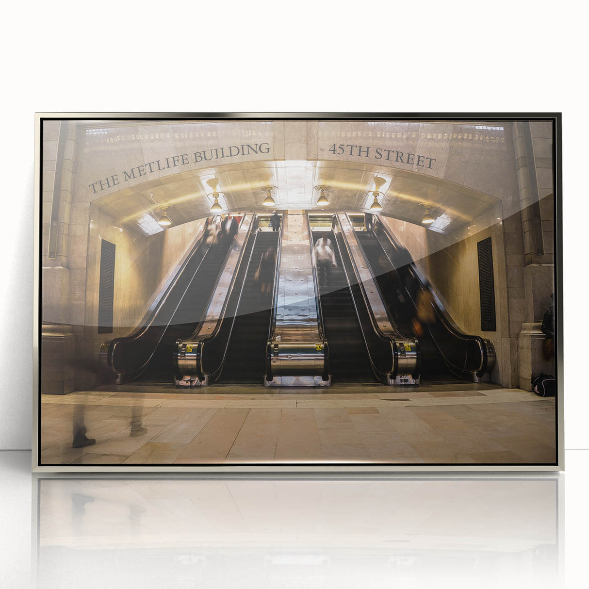 Mid-century modernist art depicting New York City's Grand Central in muted gray and silver tones.