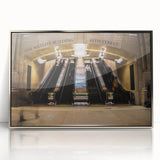Mid-century modernist art depicting New York City's Grand Central in muted gray and silver tones.