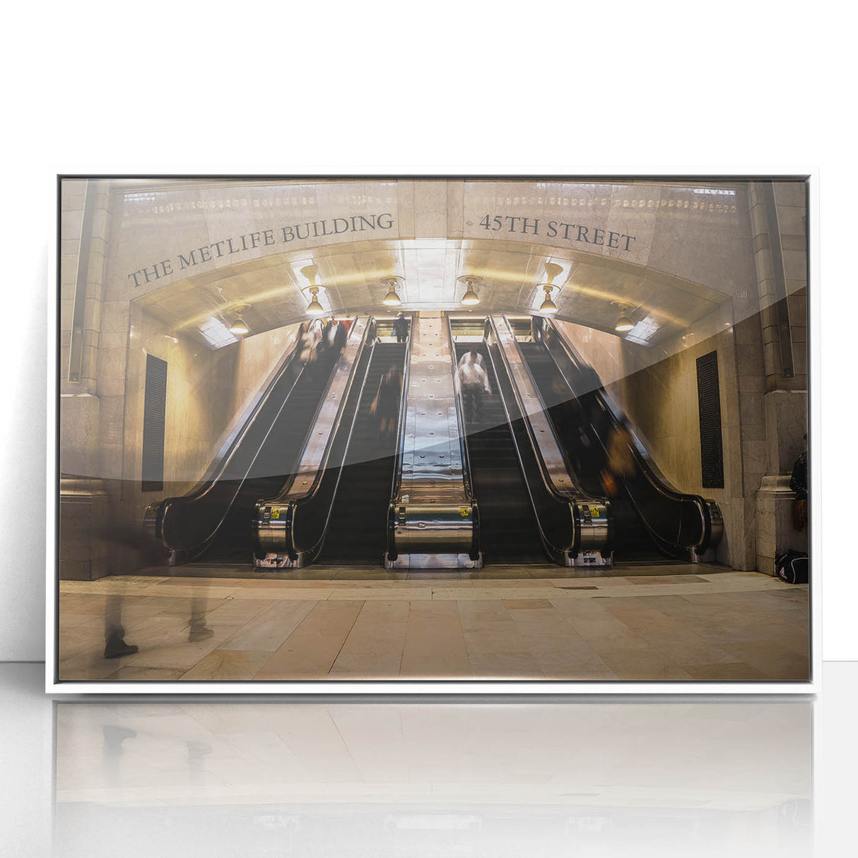 Art deco poster of New York City's Grand Central Station in monochrome tones on framed acrylic.