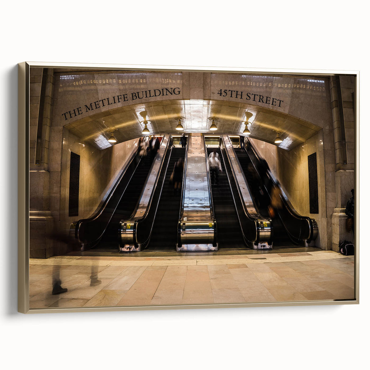 Framed canvas of a vintage-style New York City Grand Central scene in black and gold tones, ideal for bedroom wall art.
