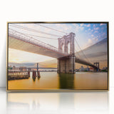 Acrylic print of the Manhattan Bridge in muted gray tones, framed in gold, ideal for modern art wall decor.