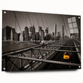 Acrylic print of a large abstract Manhattan skyline in muted gray and blue tones, suitable for bedroom or dining room decor.
