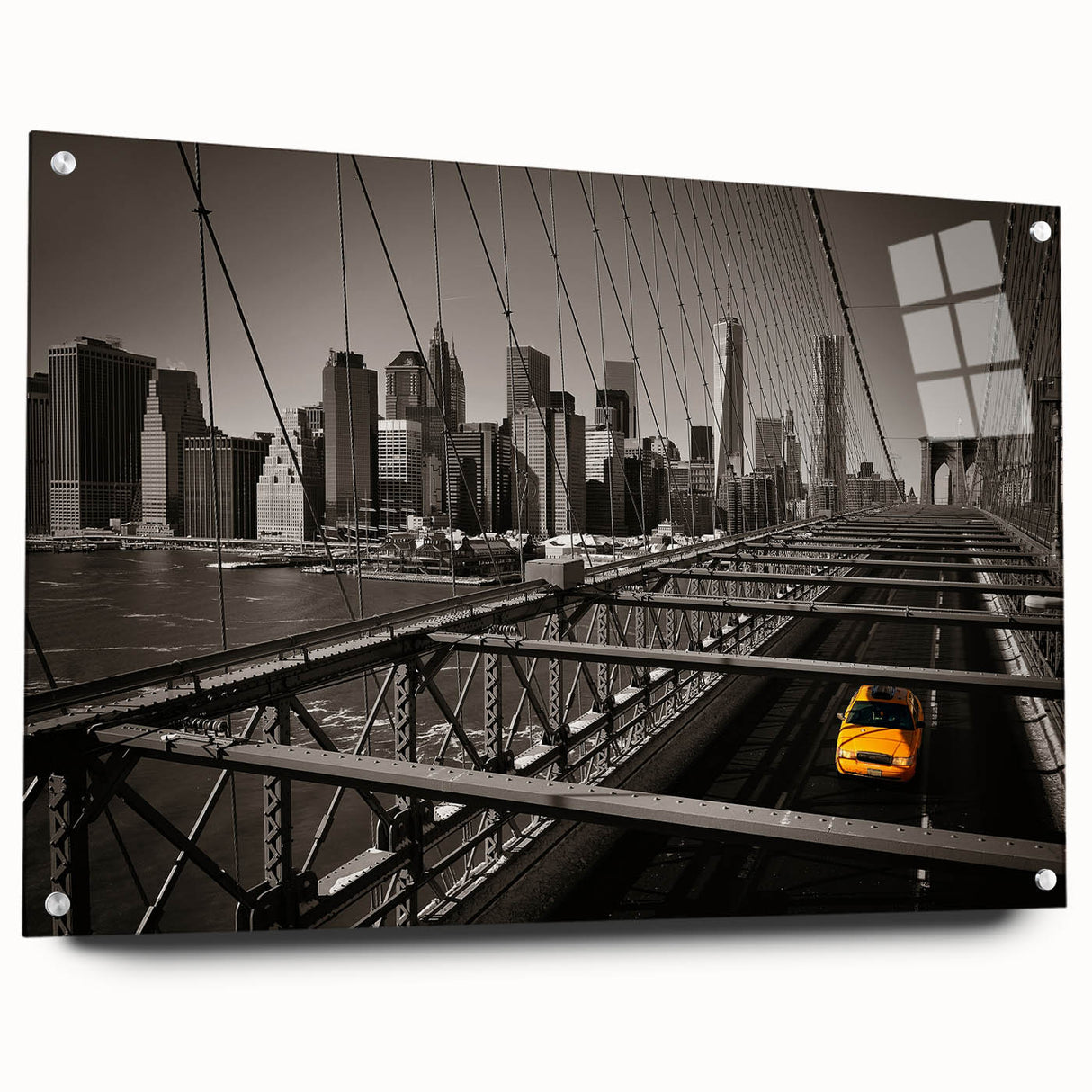 Acrylic print of a large abstract Manhattan skyline in muted gray and blue tones, suitable for bedroom or dining room decor.
