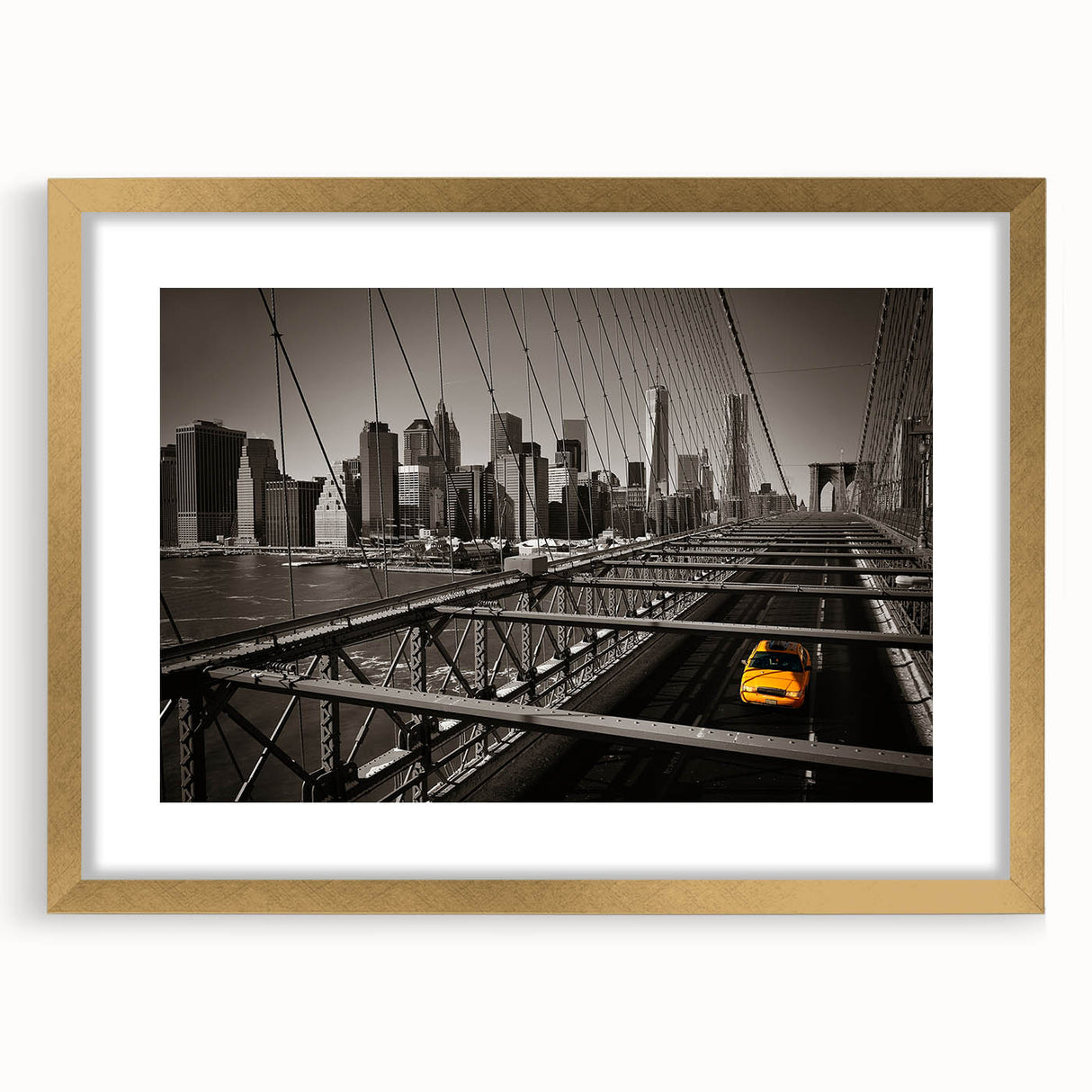 Extra large abstract art print of Manhattan skyline in textured gold frame, ideal for living room decor.