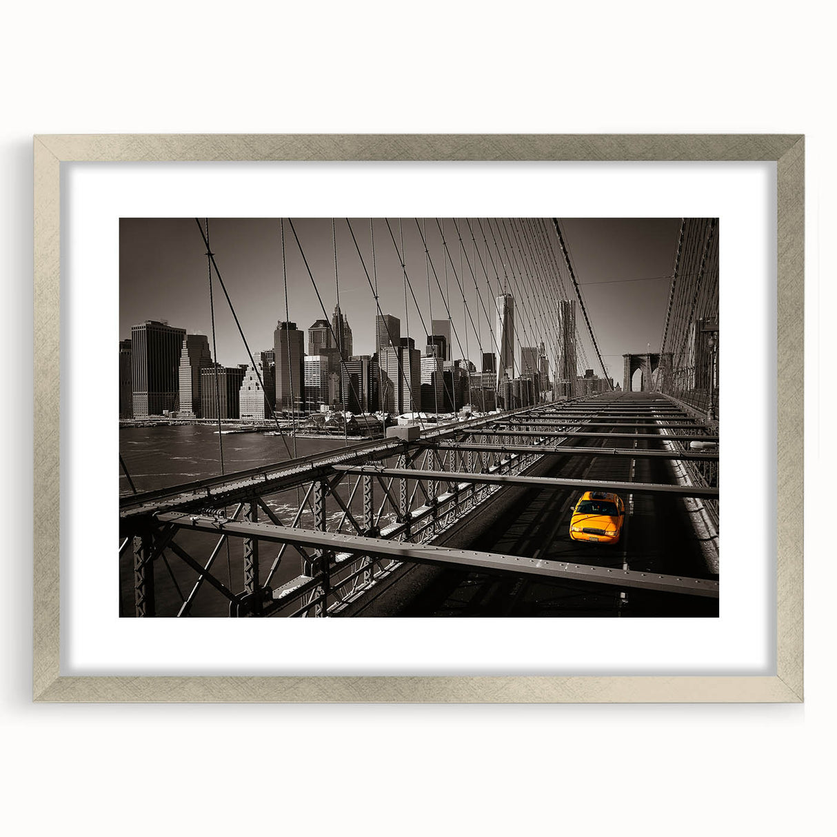 Textured art of abstract Manhattan skyline in muted grays and blues, framed in silver, ideal for bedroom decor.