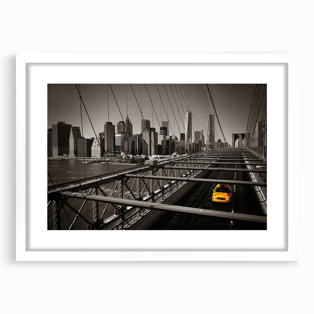 Abstract art print of Manhattan skyline in muted gray and blue tones on a white framed poster, ideal for dining room decor.