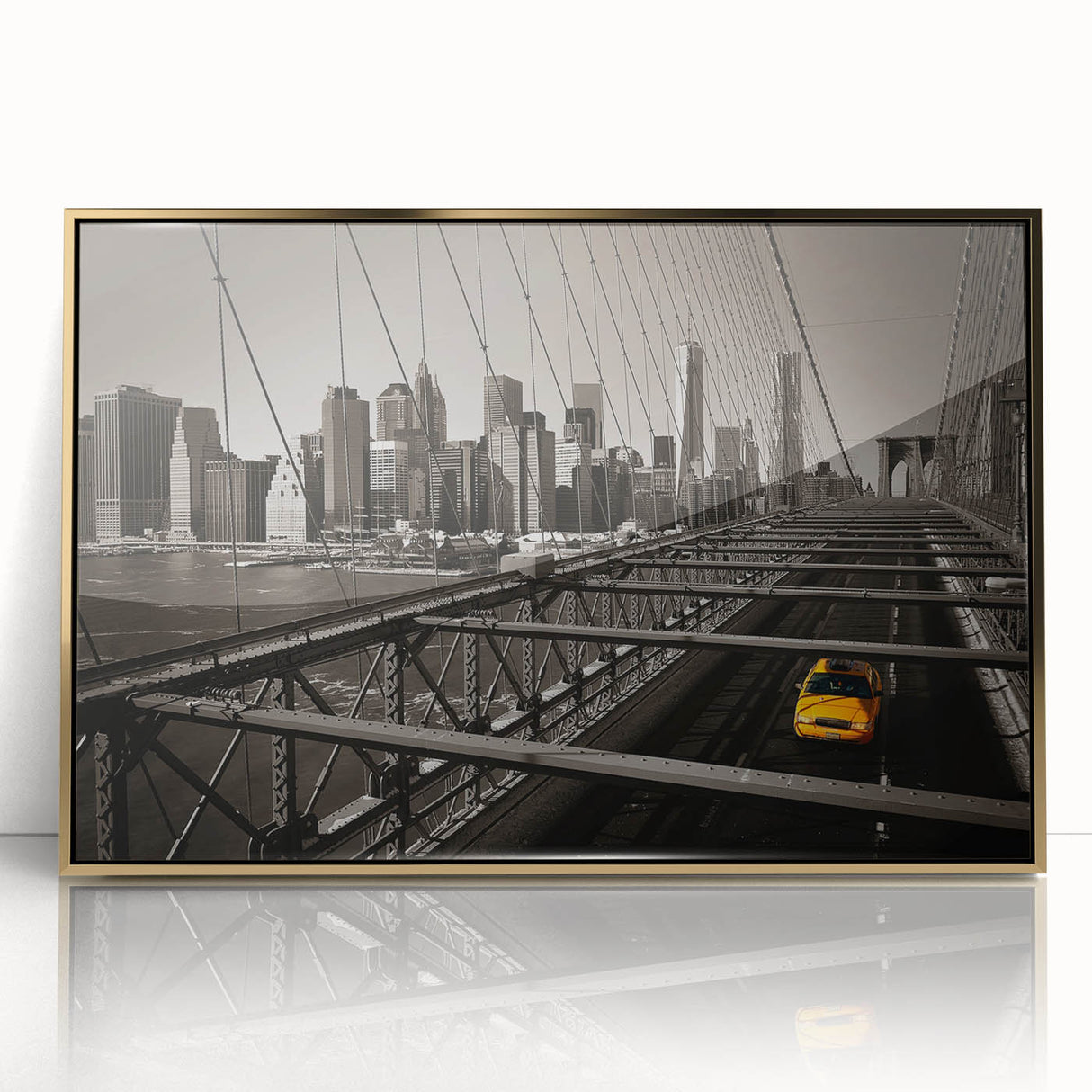 Framed acrylic print of Manhattan skyline in muted gold and blue tones, ideal for modern art wall decor.