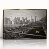 Framed acrylic print of Manhattan skyline in muted gold and blue tones, ideal for modern art wall decor.