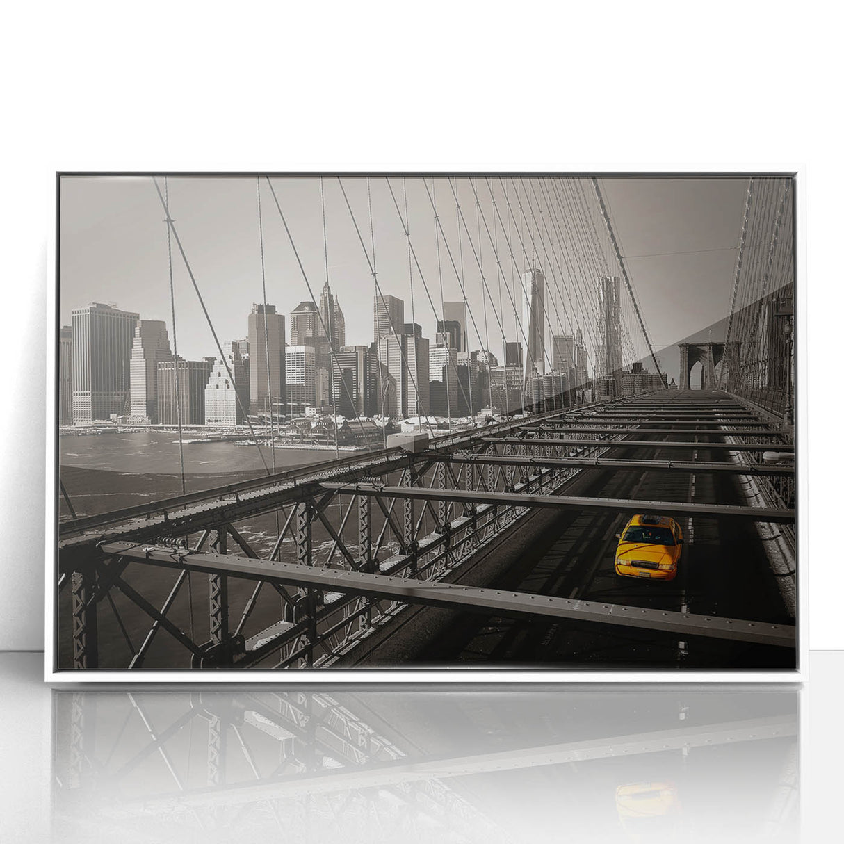 Art deco poster of Manhattan skyline in muted gray and blue tones, framed acrylic print.