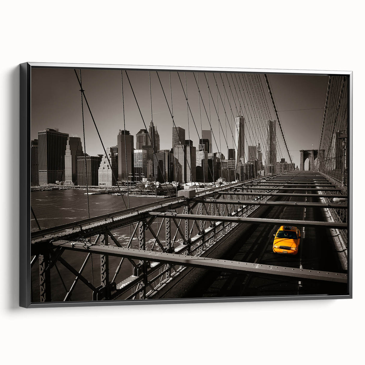 Black and white framed canvas of Manhattan skyline, ideal for bedroom wall art with a vintage poster style.