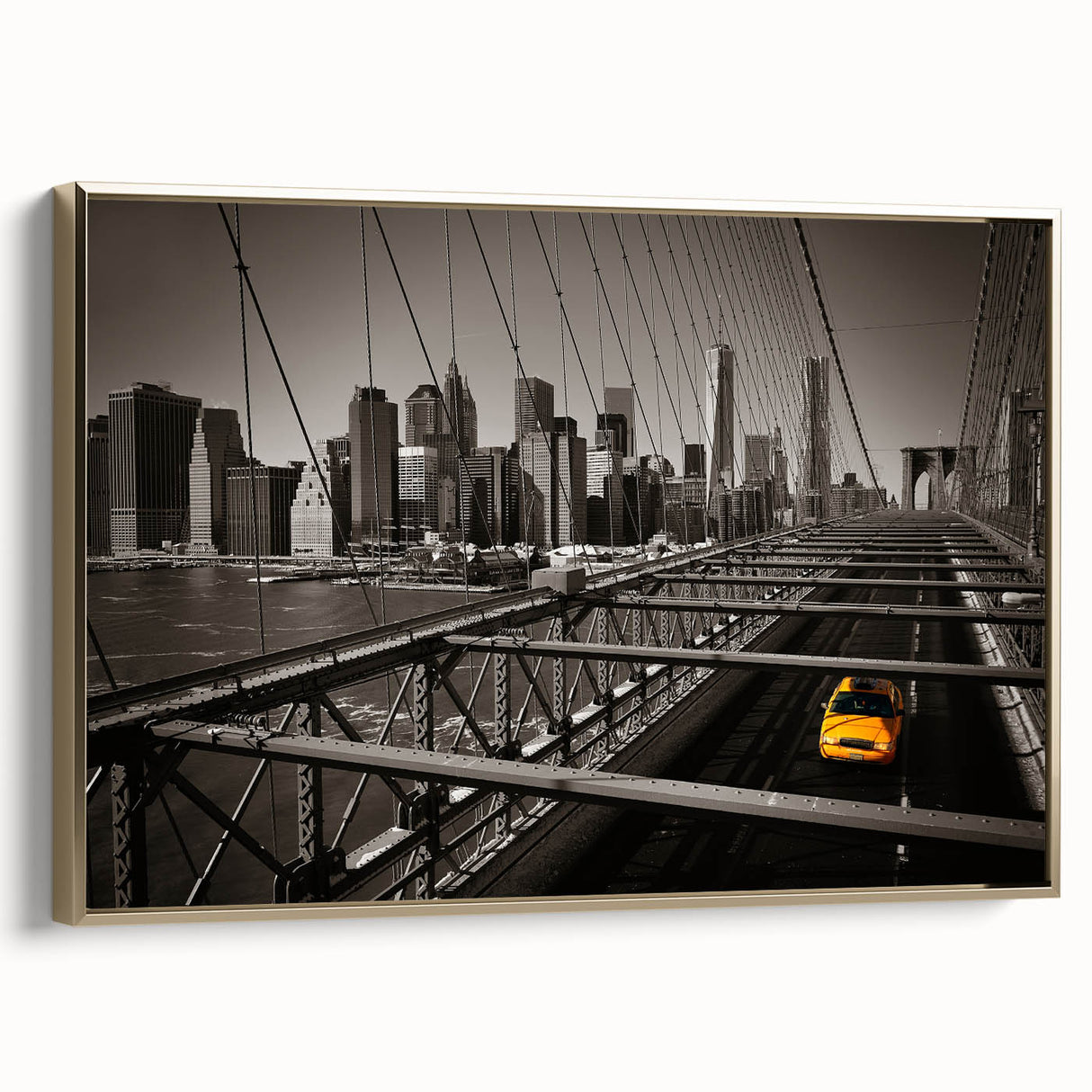 Framed canvas wall art of Manhattan skyline in black with vintage poster style, ideal for bedroom decor.