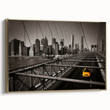 Framed canvas wall art of Manhattan skyline in black with vintage poster style, ideal for bedroom decor.