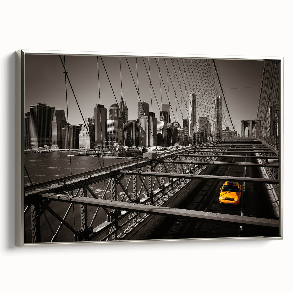 Framed canvas landscape art painting of Manhattan skyline in colorful hues, ideal for modern office decor.