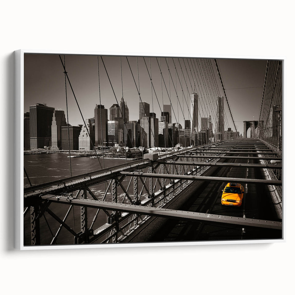 Vintage poster art of Manhattan skyline, featuring colorful art on extra large framed canvas, ideal for living room decor.