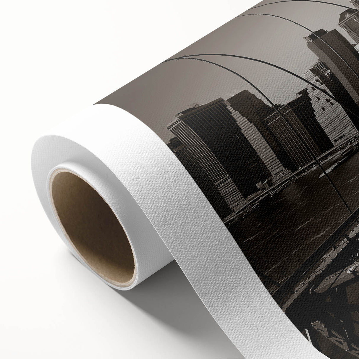 Art Deco style poster of Manhattan skyline in monochrome shades on rolled canvas.