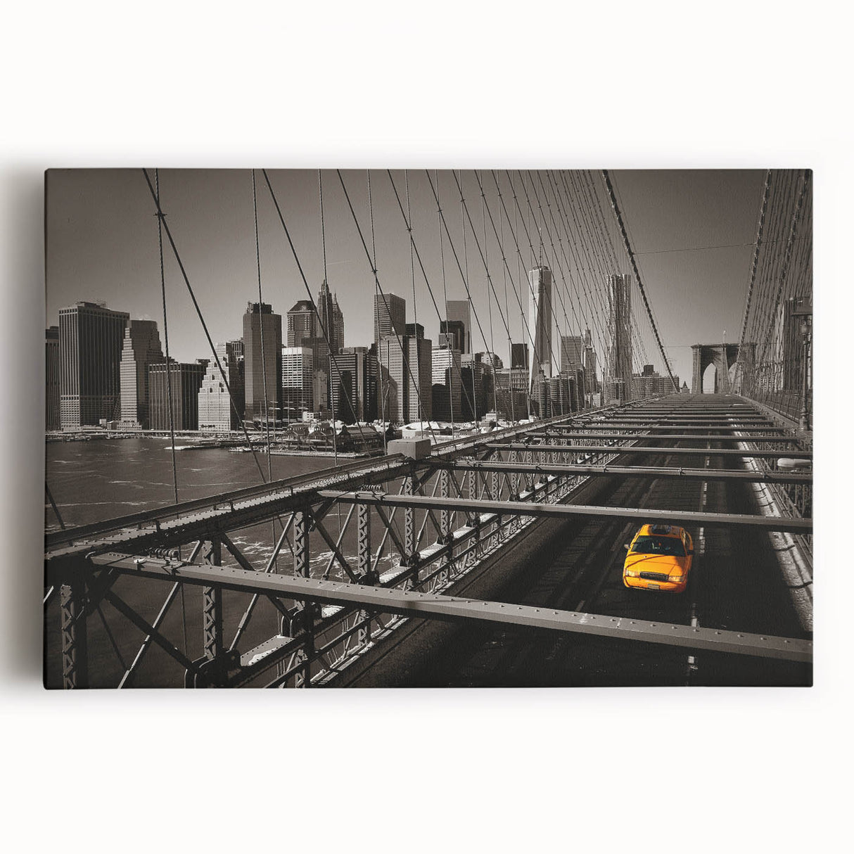 Black and white large art print of Manhattan skyline on stretched canvas, suitable for kitchen wall art.