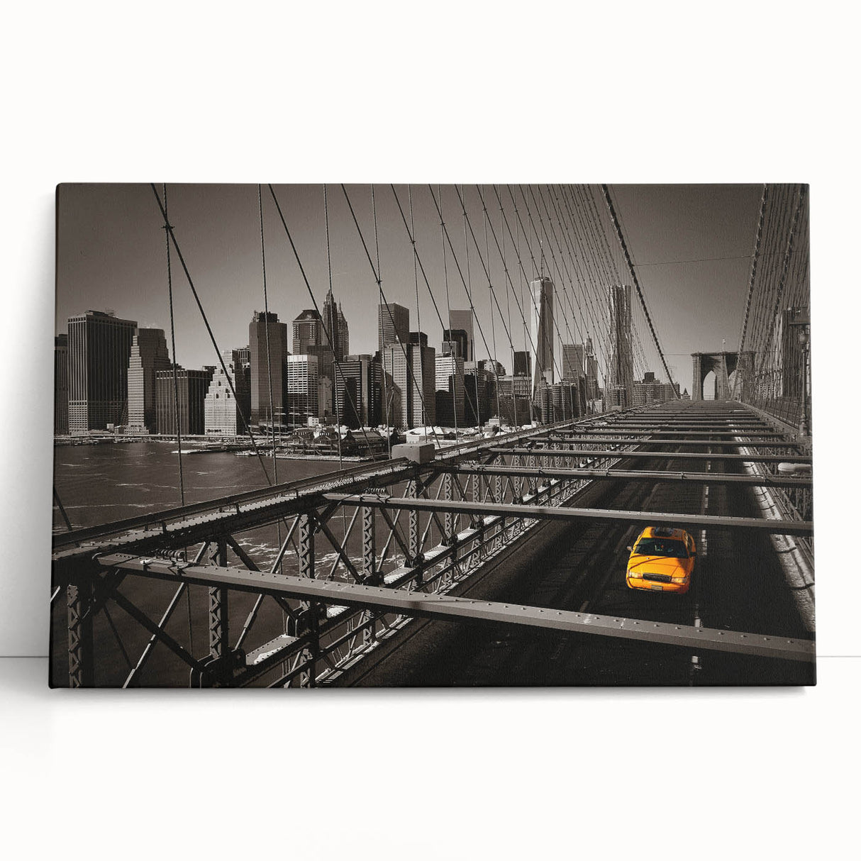 Black and white large art print of Manhattan skyline on stretched canvas, ideal for kitchen wall art or bedroom ambiance.