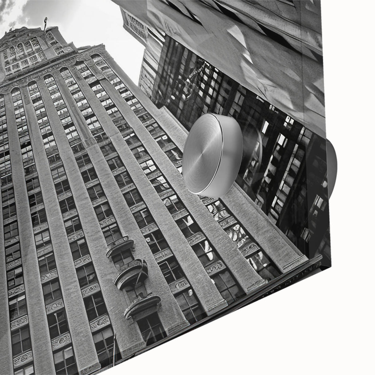Large abstract wall art depicting the NYC Rockefeller scene in muted colors on acrylic glass, ideal for dining room ambiance.