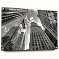 Acrylic print of New York City skyline in muted gray and blue tones, suitable for dining room or bedroom wall decor.