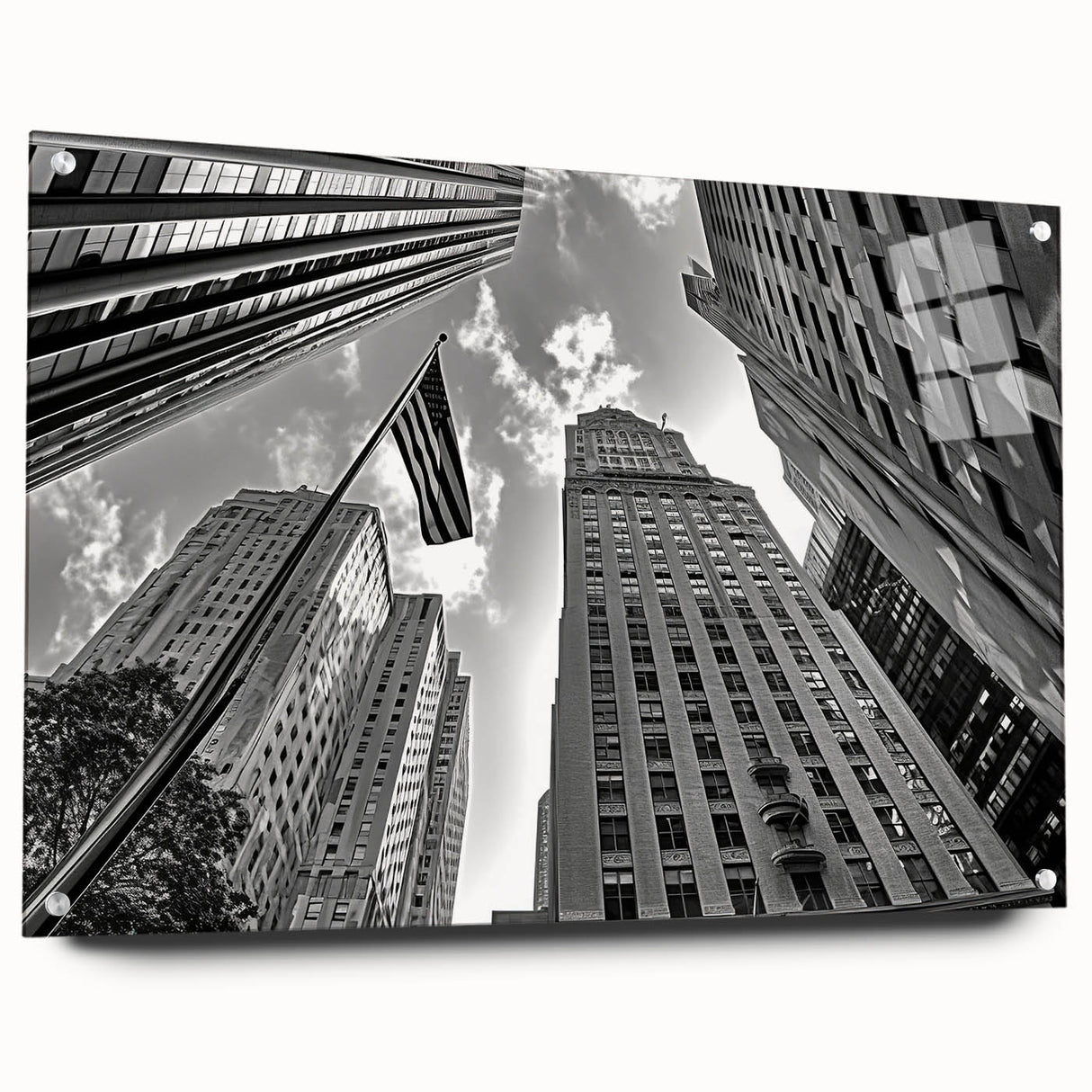Acrylic print of New York City skyline in muted gray and blue tones, suitable for dining room or bedroom wall decor.