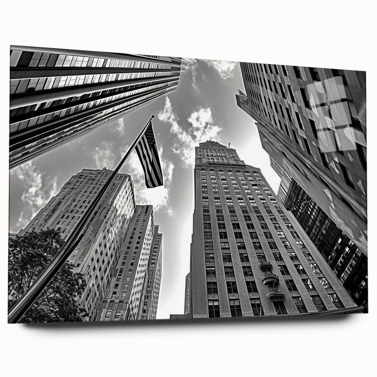 Large abstract wall art of NYC Rockefeller scenery in muted gray tones on acrylic glass.