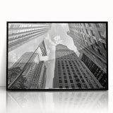 Large abstract wall art depicting New York City's Rockefeller Center in muted gray tones on a framed acrylic.