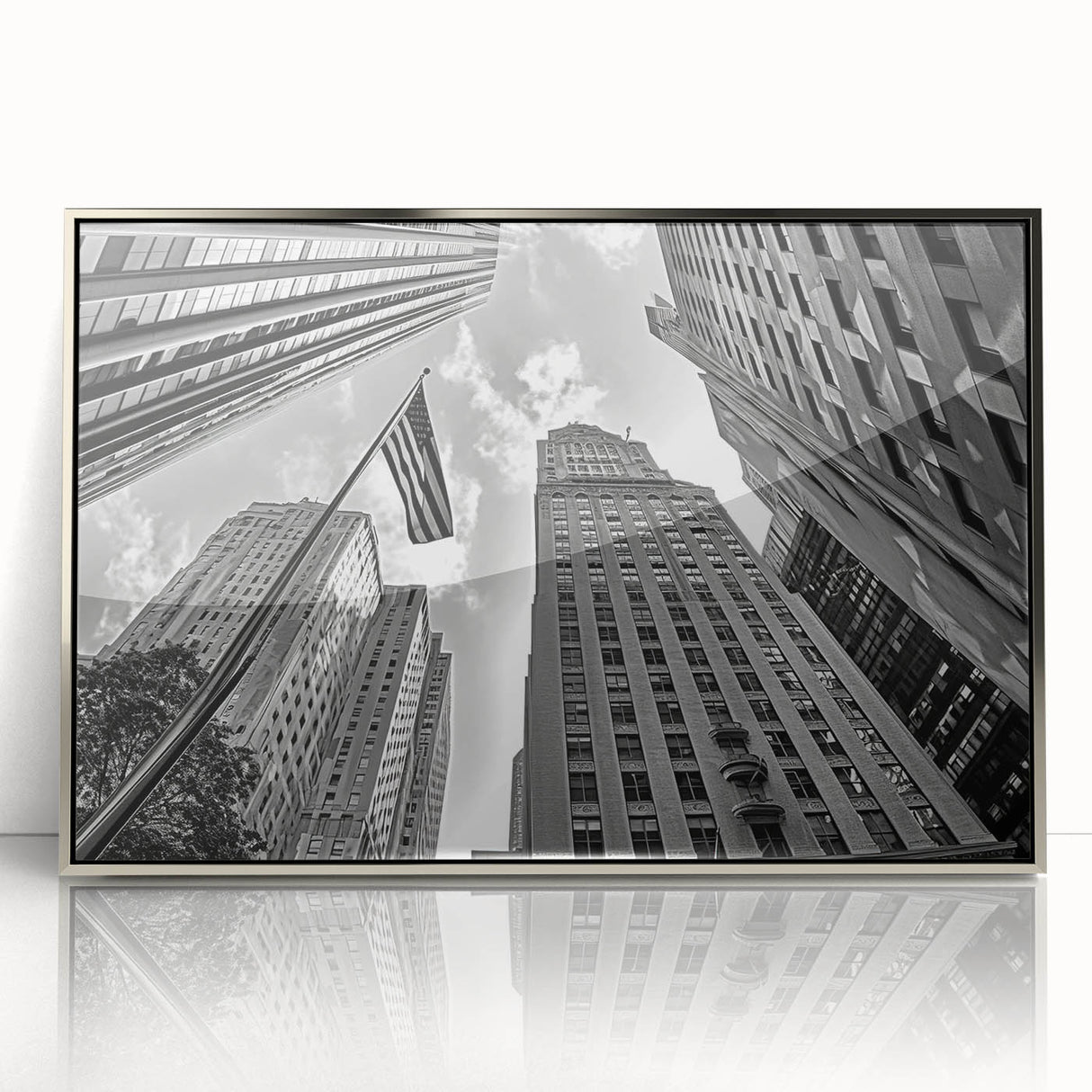 Mid-century modernist art depicting the New York City skyline in muted gray tones, framed acrylic.