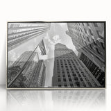 Mid-century modernist art depicting the New York City skyline in muted gray tones, framed acrylic.
