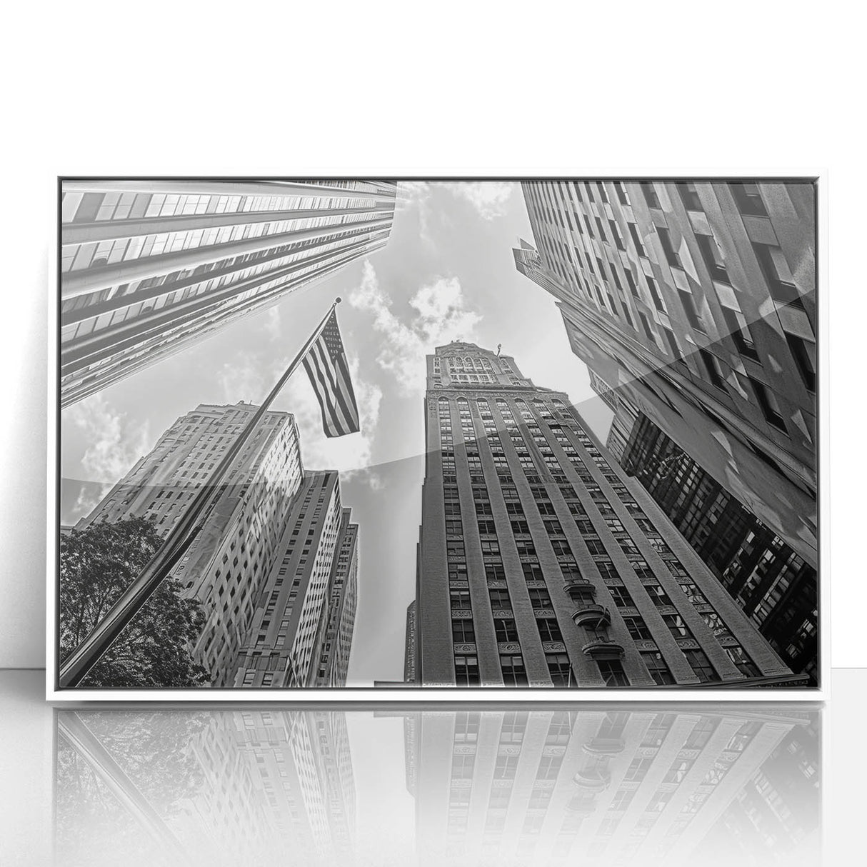 Acrylic print of New York City skyline in art deco style, featuring muted gray tones, ideal for modern art wall decor.