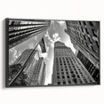 Black and white wall art of the NYC Rockefeller skyline on framed canvas, ideal for bedroom decor.