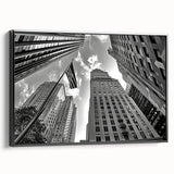 Black and white wall art of the NYC Rockefeller skyline on framed canvas, ideal for bedroom decor.